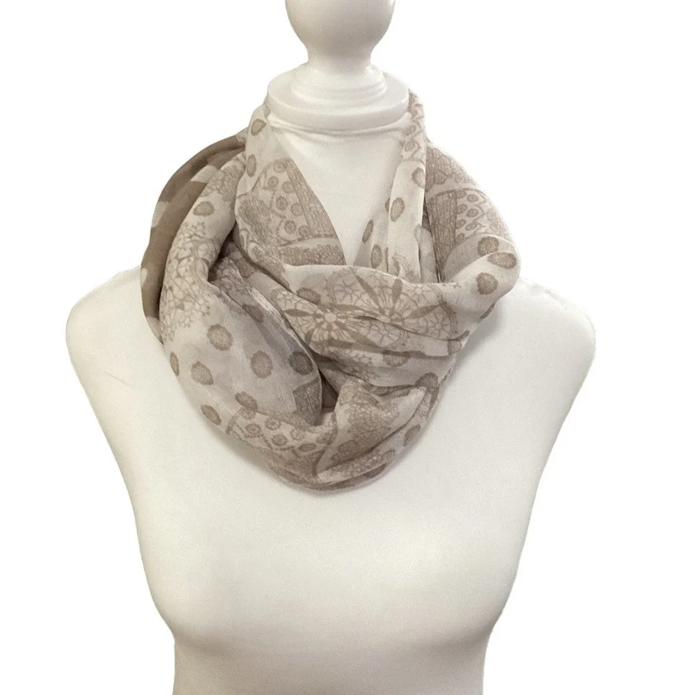 Polka Dot and Lace Mandala Print Lightweight Scarf Taupe Cream NEW approx 19X73